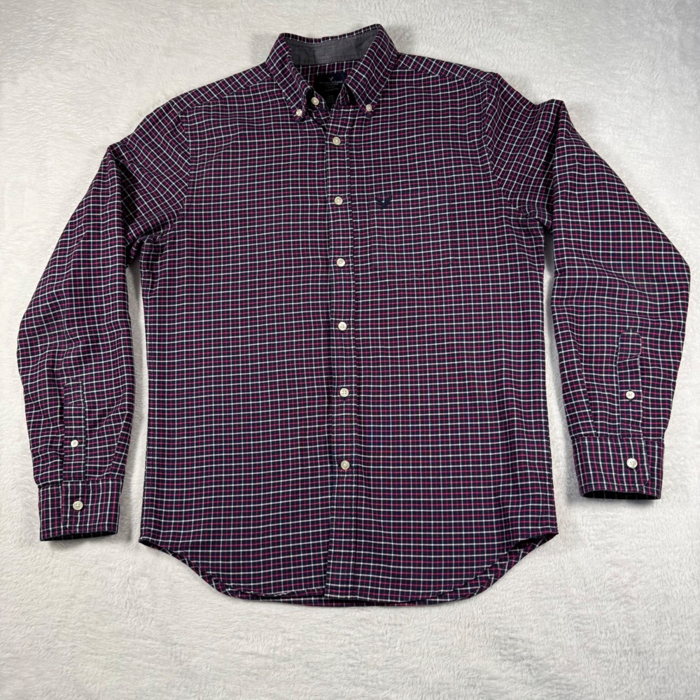 American Eagle Button Down Shirt Mens Small Navy Pink Plaid Classic Fit